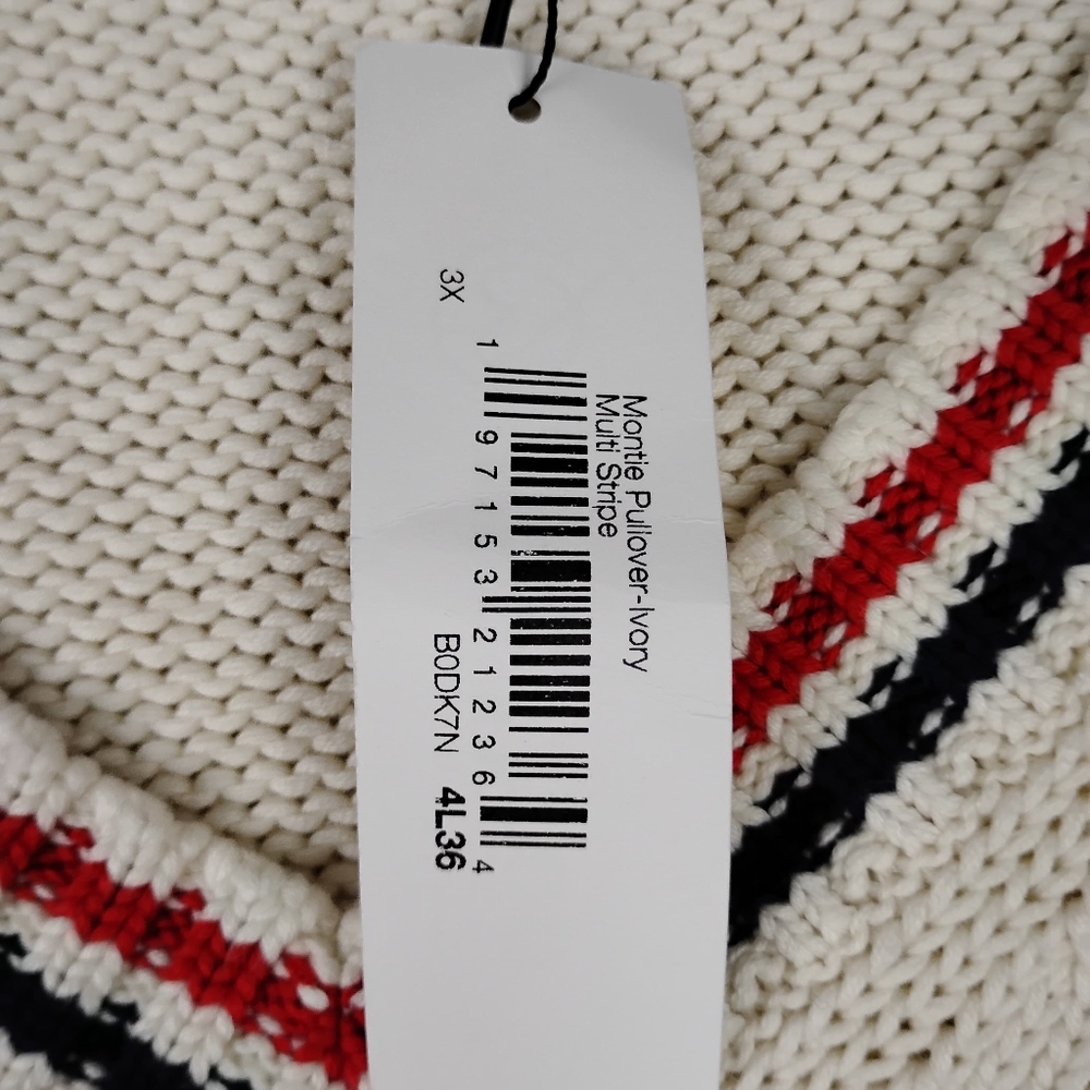 NWT The Drop Chunky Knit V- Neck Sweater In Cream With Red/Blk Stripe Accents 3X - Picture 4 of 8